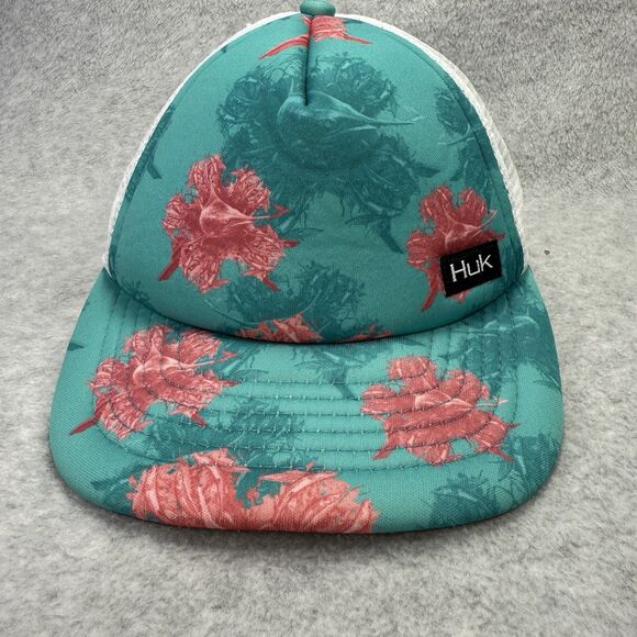 Huk Performance KC Scott Foam Flats Trucker Hat Unisex Hawaiian Flowers Teal - Picture 1 of 12